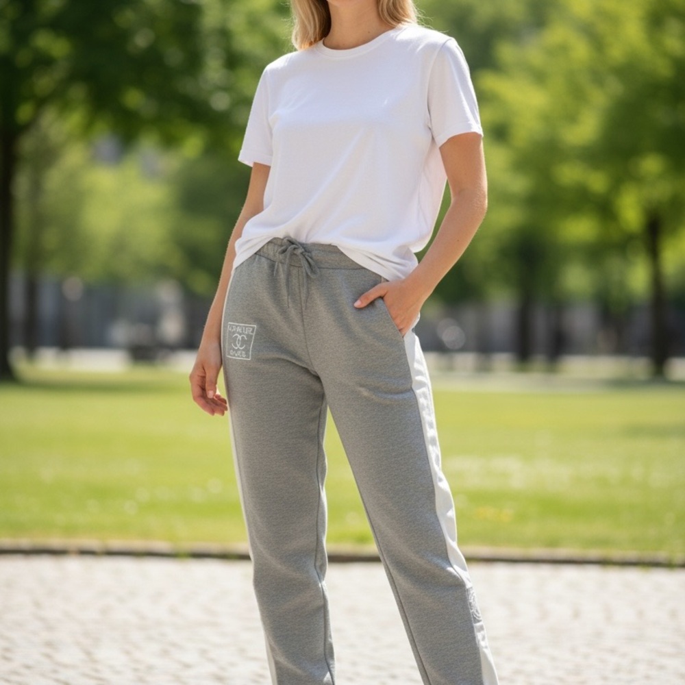 CHANEL Grey Track Pants with White Side Stripe